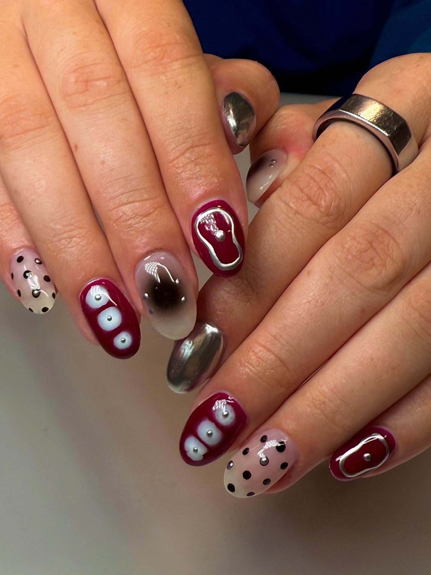 Burgundy and Nude Nails with Silver and Gold Details