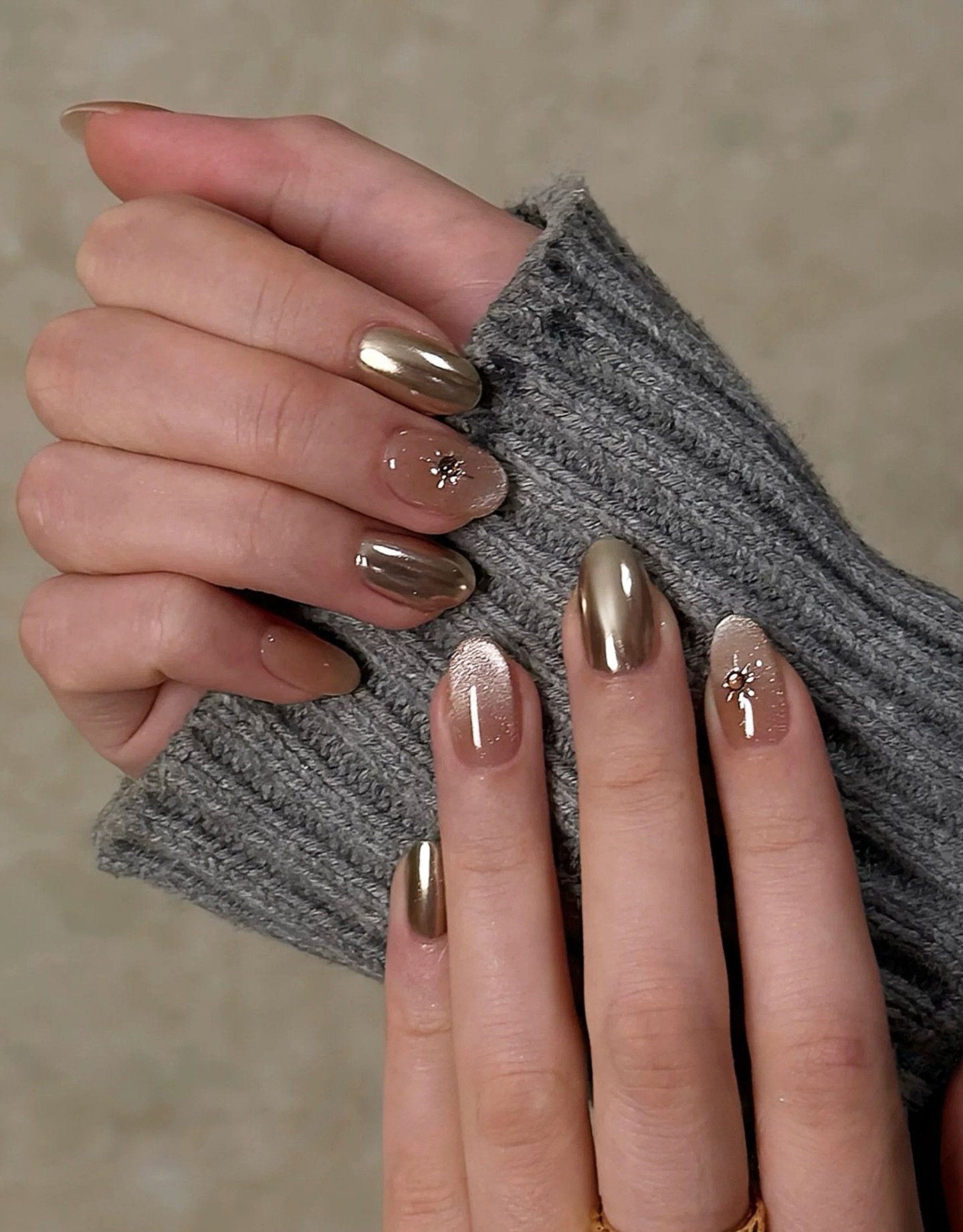 Taupe Metallic Nails with Gold Accent Lines