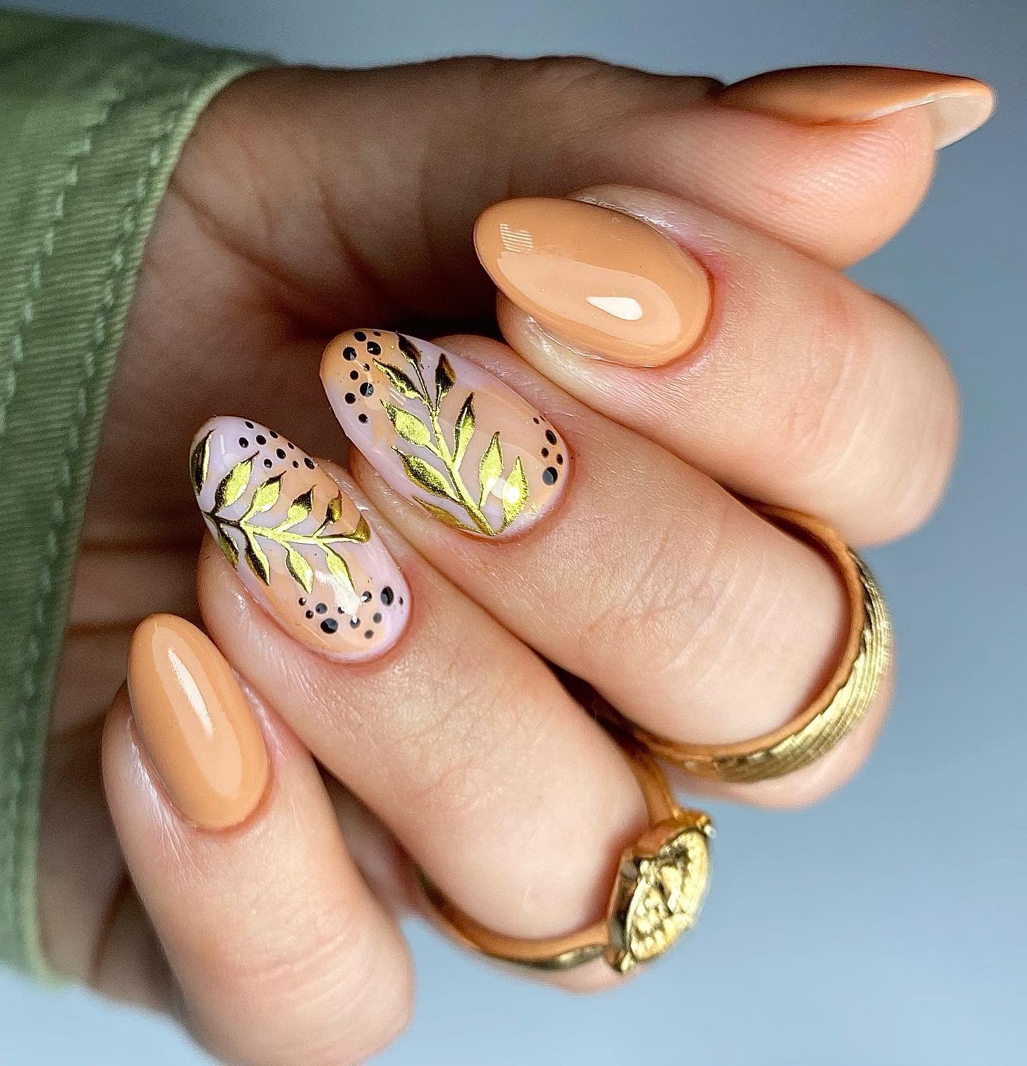 Peach Nude Nails with Colorful Floral Accents