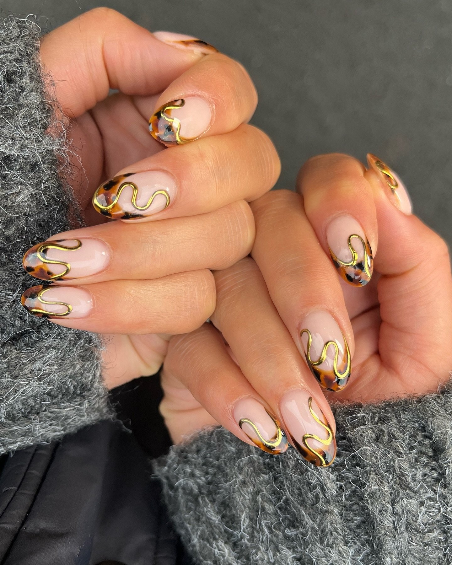 Nude Nails with Gold Floral and Leaf Details