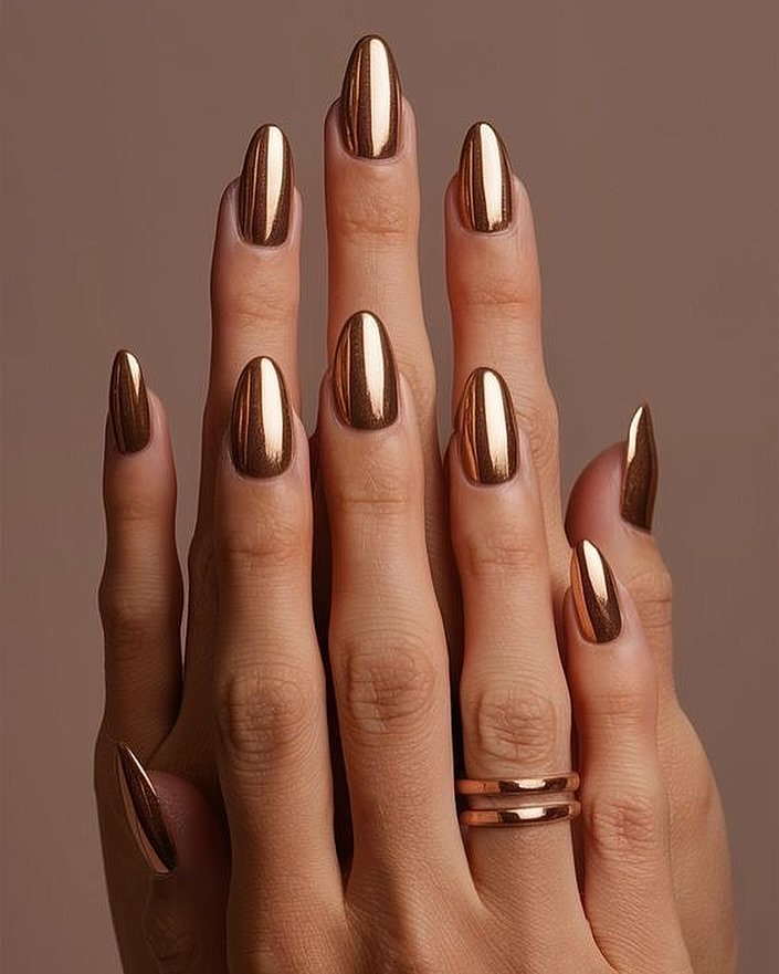 Full Copper Chrome Almond Nails