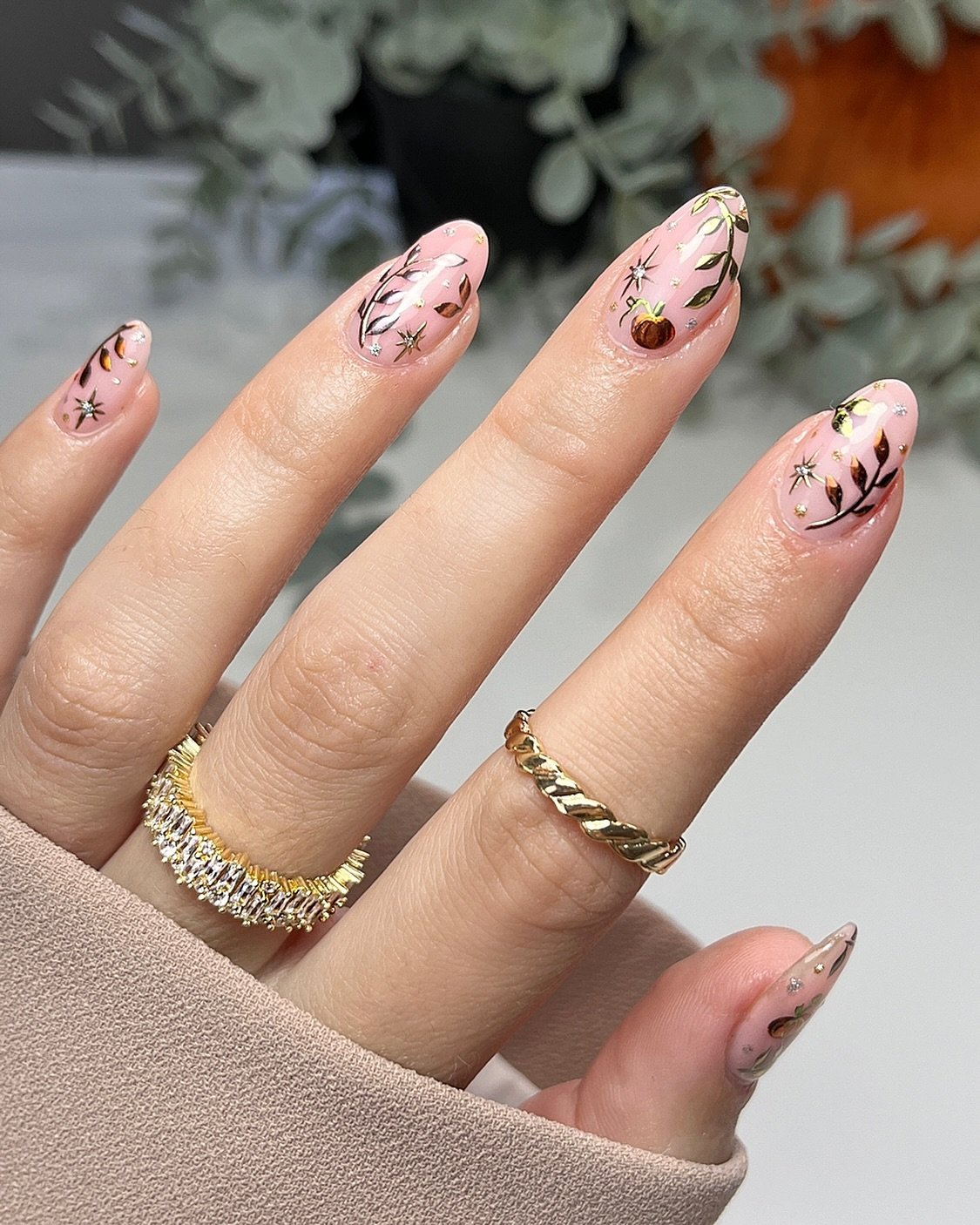 Soft Nude Nails with Brown Botanical Details