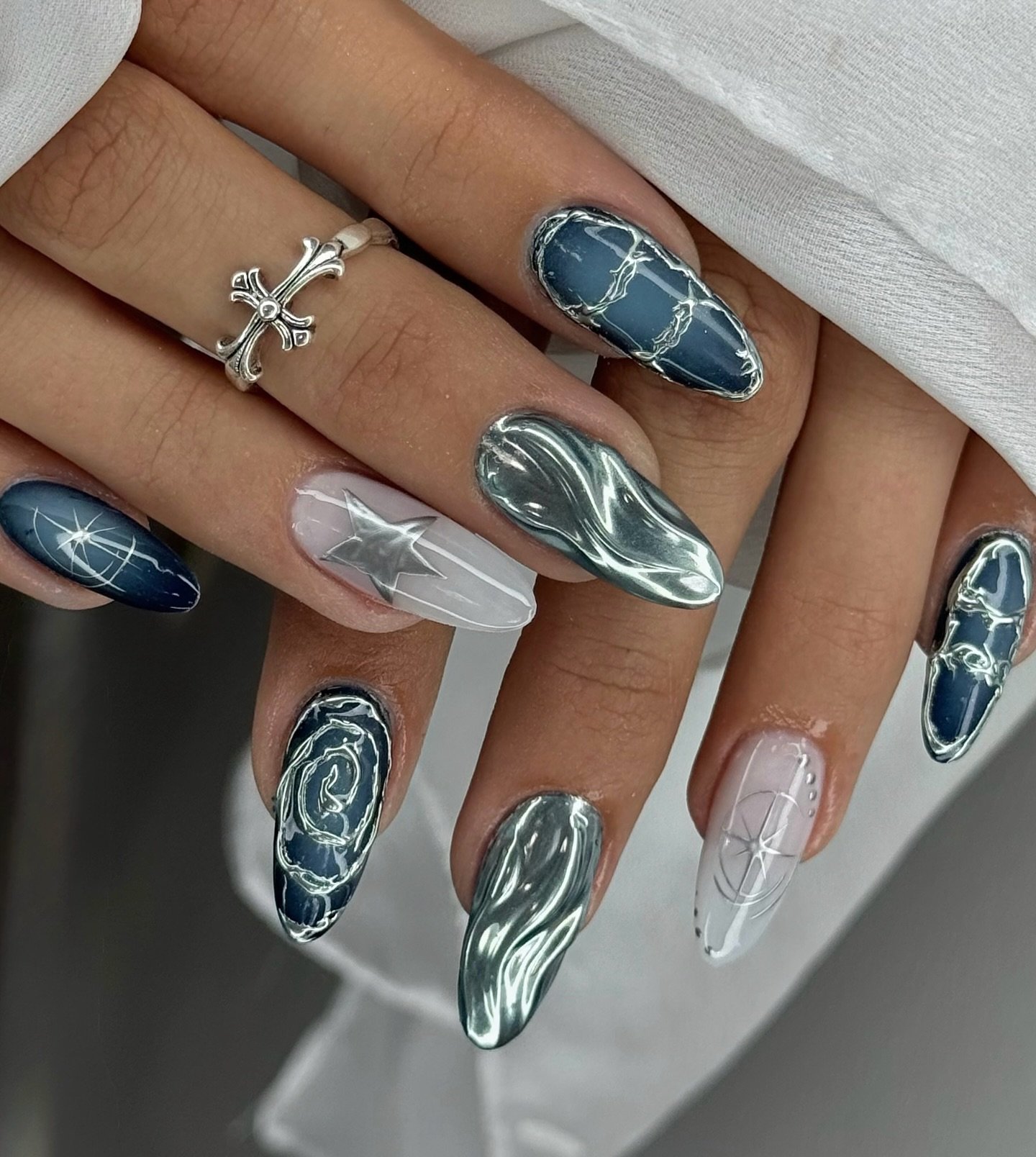 Blue and Silver Metallic Almond Nails