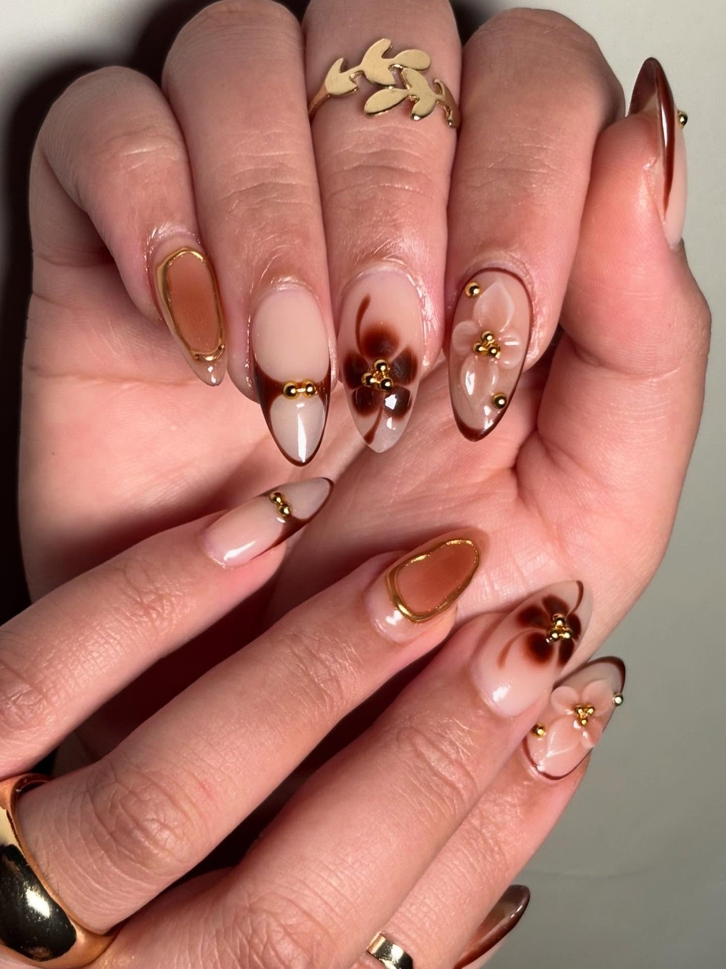 Nude Nails with Copper and Gold Abstract Details