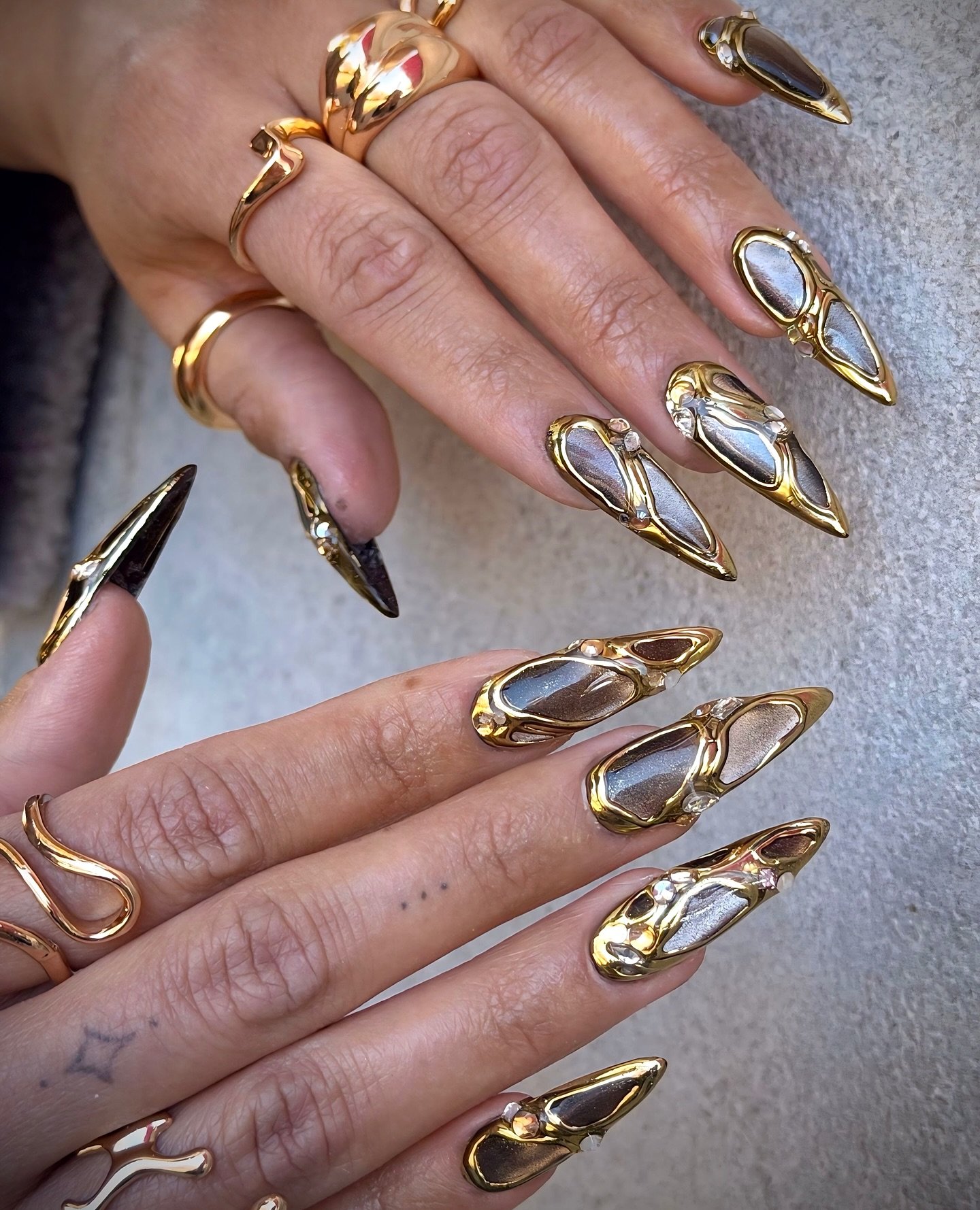 Gold and Bronze Foil Almond Nails