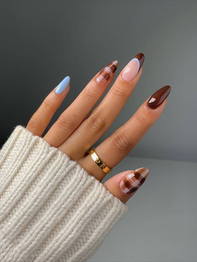 Mixed Brown and Blue Almond Nails