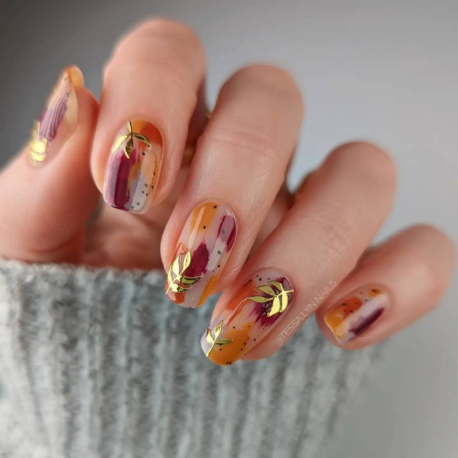 Sheer Nude Nails with Autumn Leaf Accents