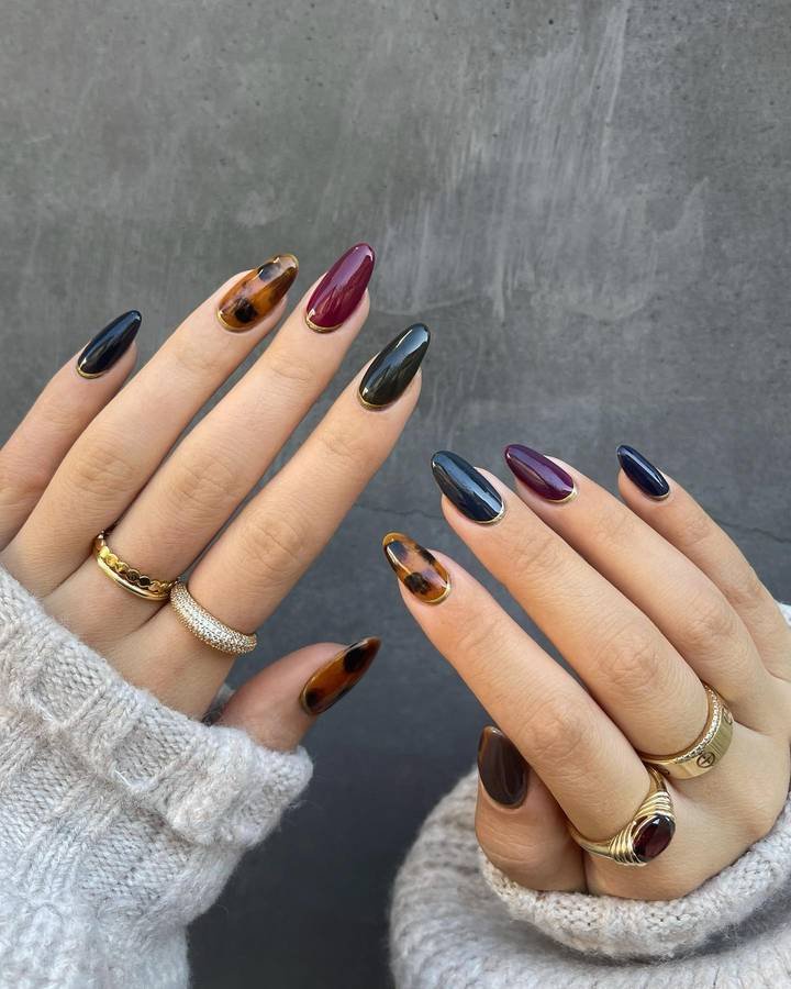 Dark Multicolor Almond Nails