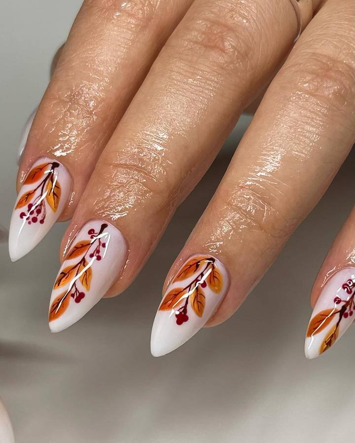 White Leaf Nail Art on Almond Nails