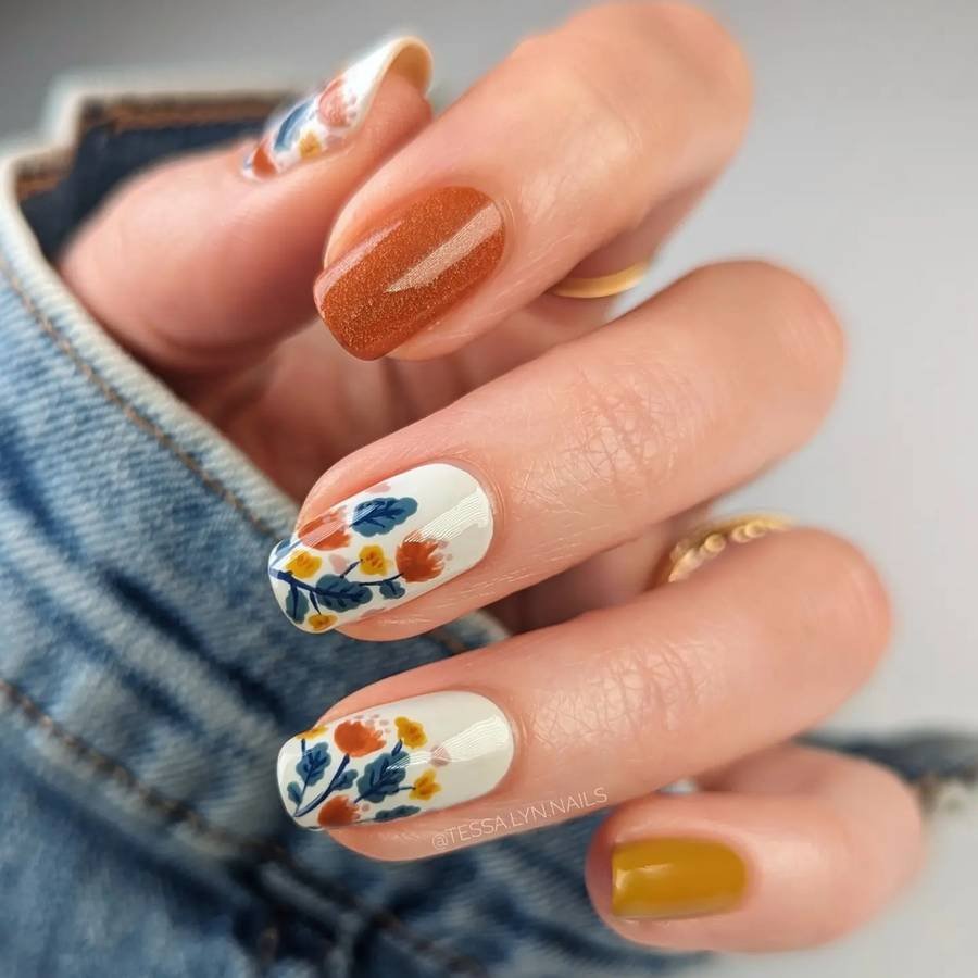 Orange and Floral Accent Nails