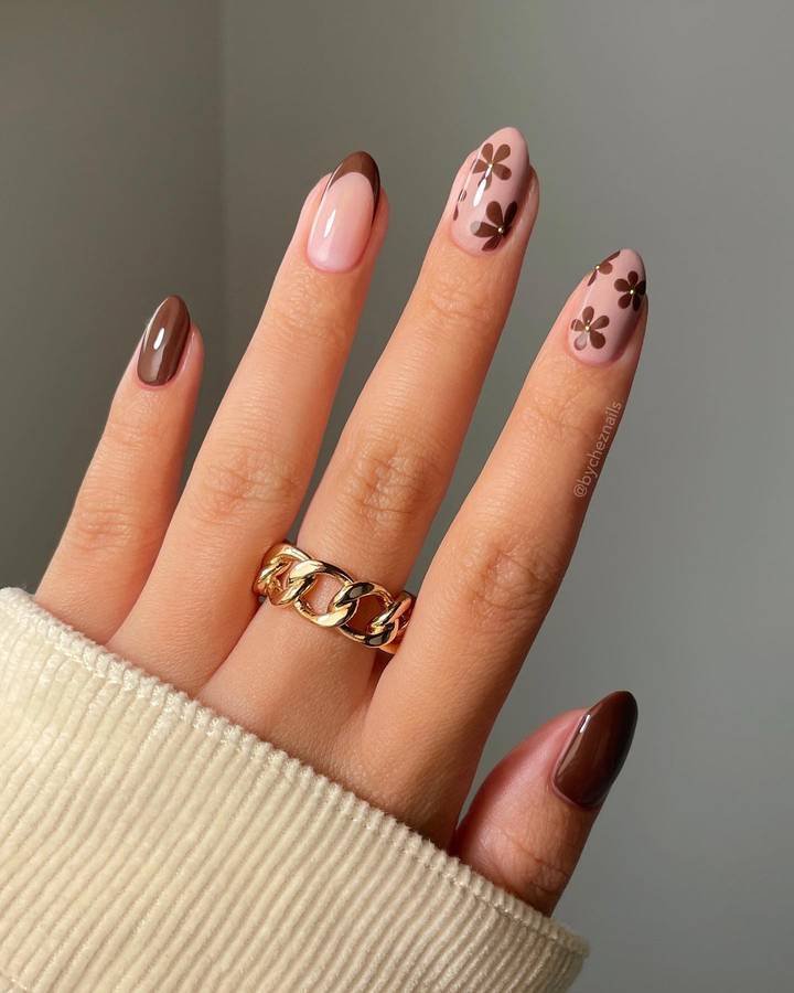 Brown and Pink Nails with Floral Details