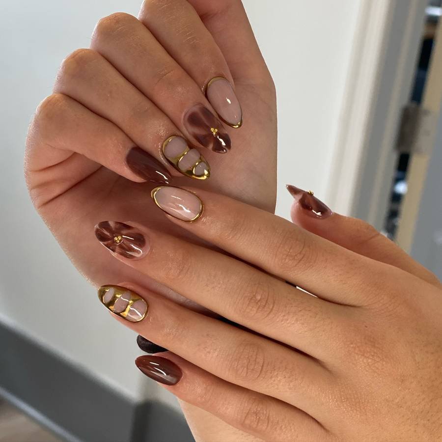 Neutral Brown Nails with Gold Accents