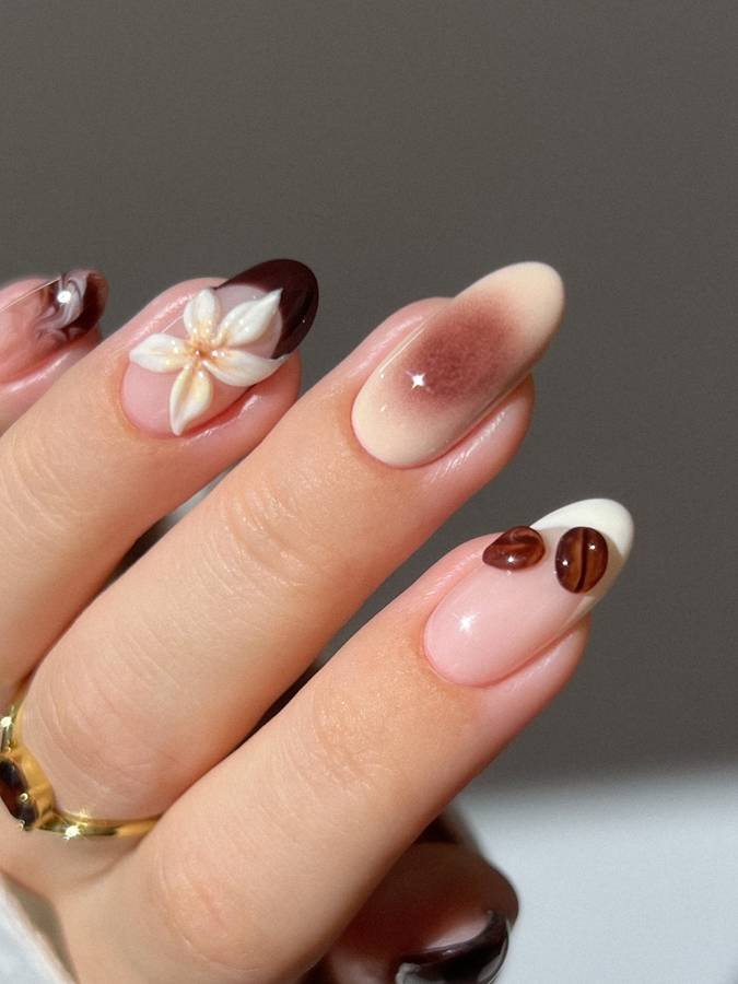Pink and Brown Nails with a 3D Flower Accent