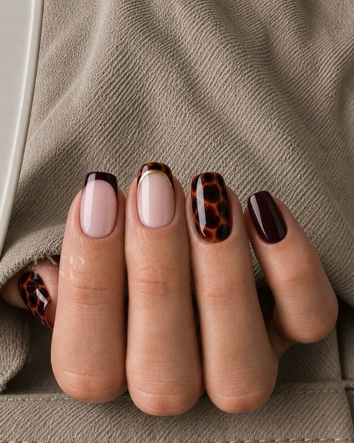 Short Neutral Nails with Brown and Tortoiseshell Accents