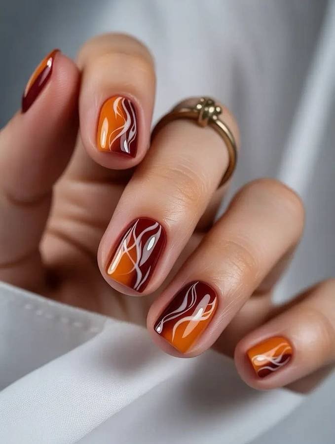 Burnt Orange Nails with Curved Line Art