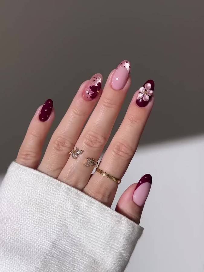 Pink and Burgundy Nails with Floral Accents