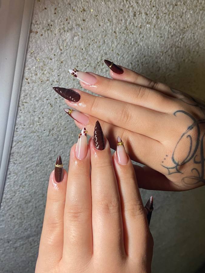 Long Brown and Nude Nails with Delicate Details