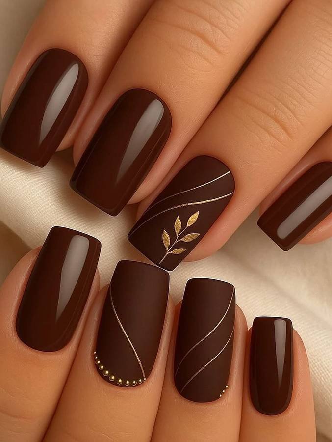Chocolate Brown Nails with Fine Gold Leaf Art