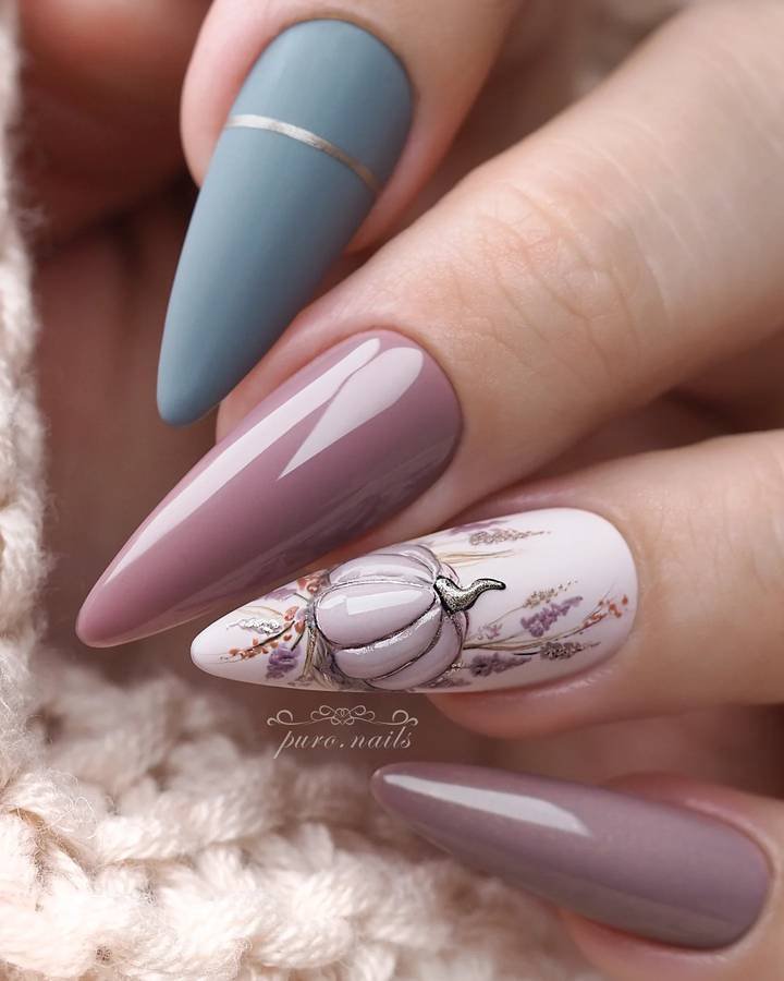 Muted Blue and Mauve Nails with Floral Art