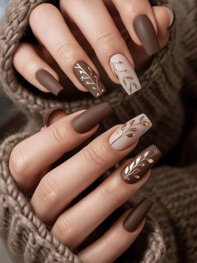 Matte Brown Nails with White Botanical Accents