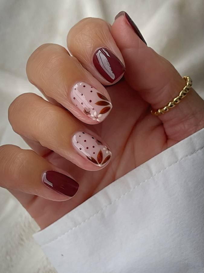 Blush Nails with Burgundy and Dot Details