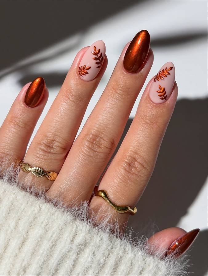 Copper Chrome Nails with Botanical Accents