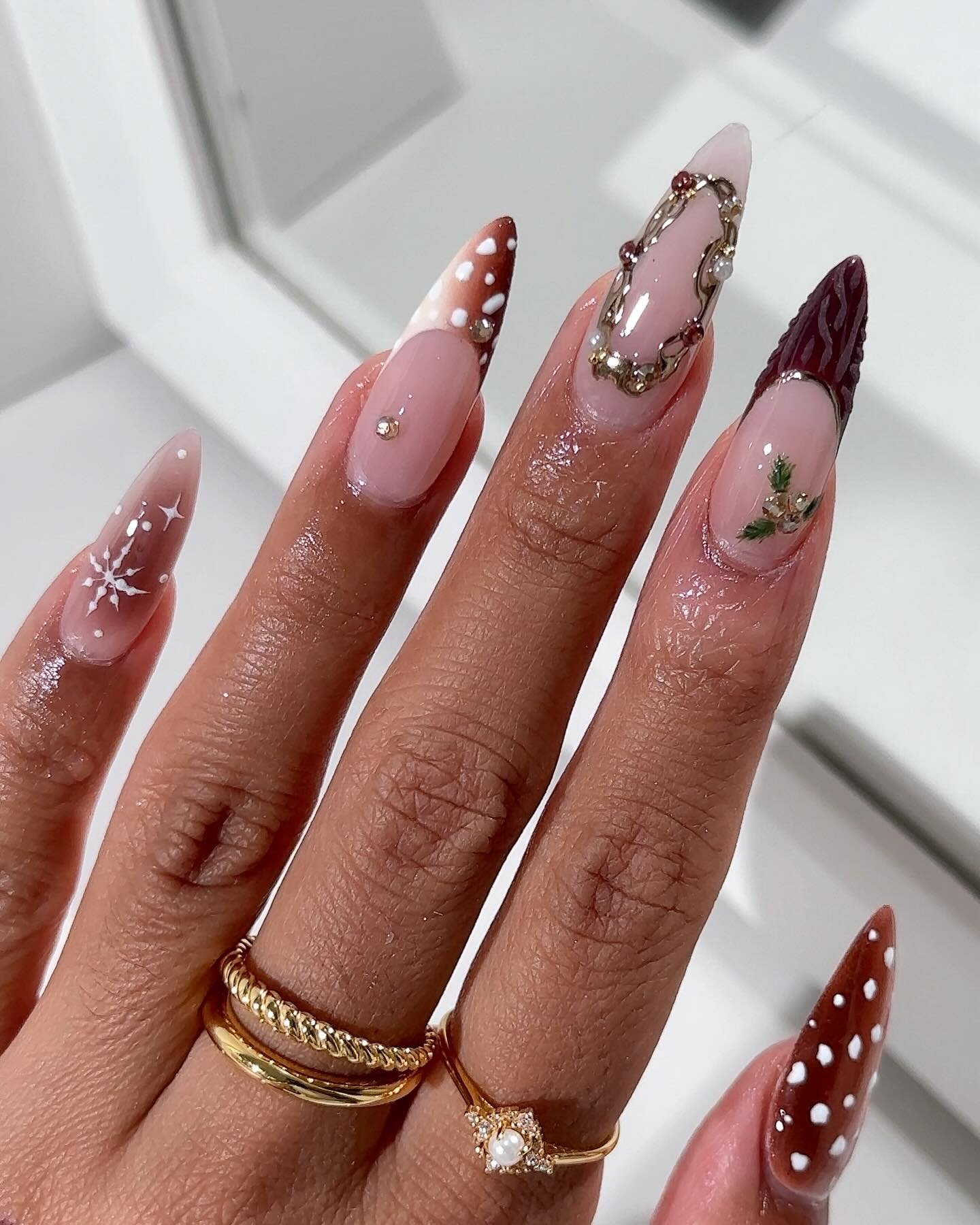 Soft Pink Almond Nails with Burgundy and White Details