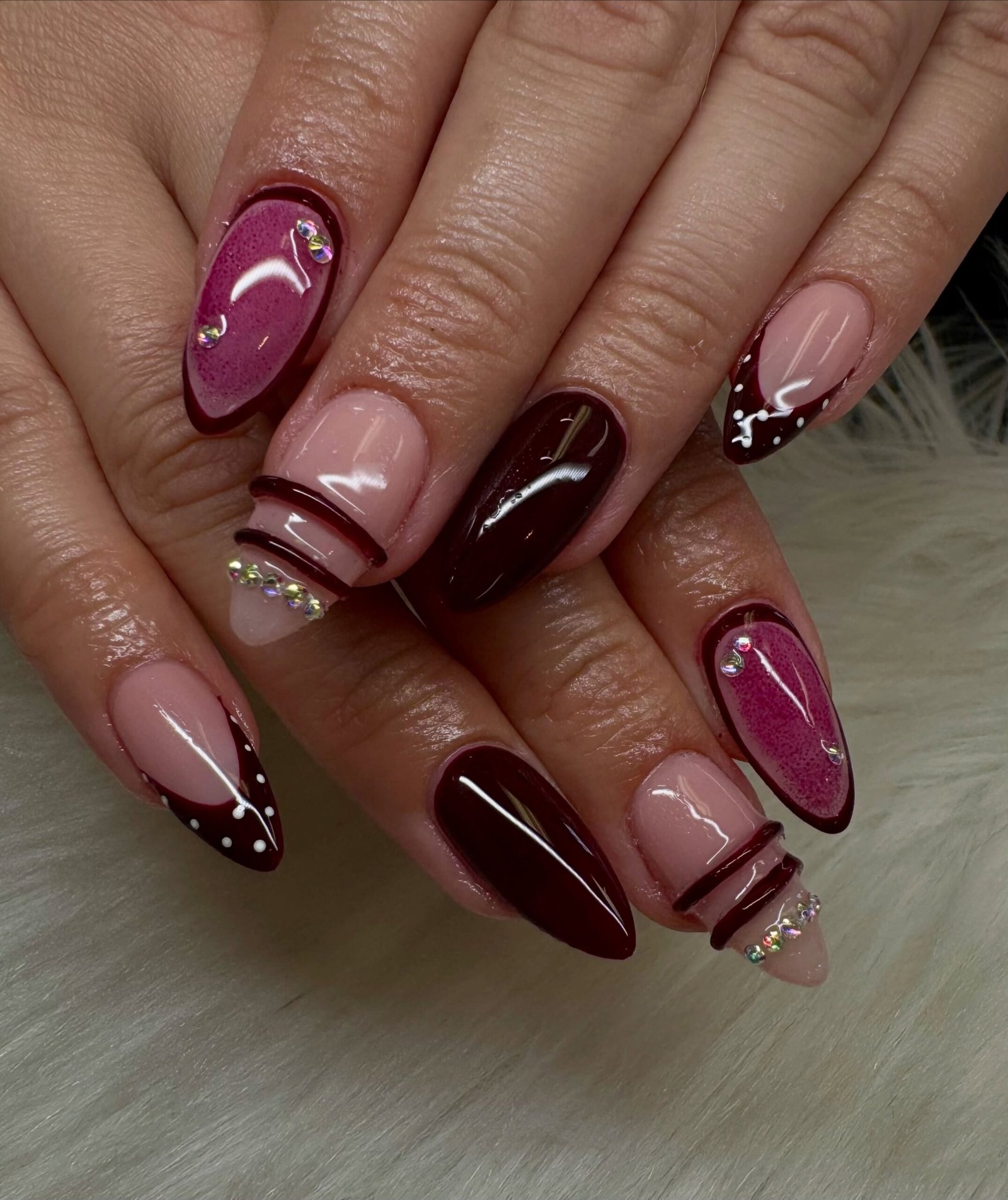 Glossy Burgundy and Pink Almond Nails