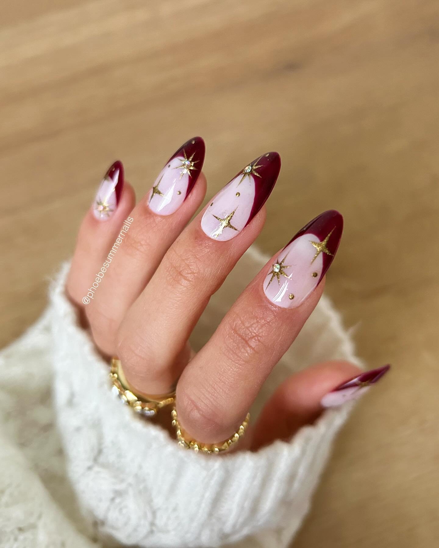 Pink Almond Nails with Burgundy and White Curved Details