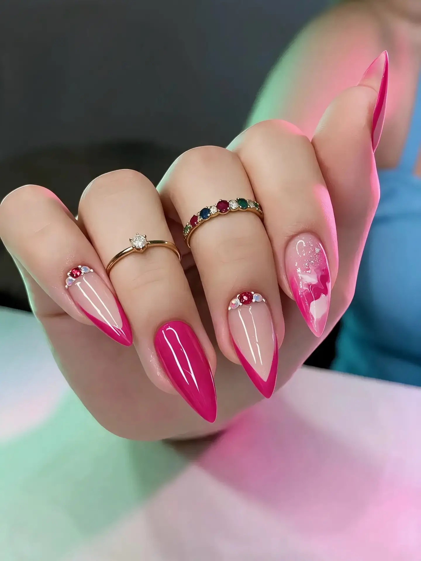 Bright Pink Almond Nails with Fine Burgundy Accents