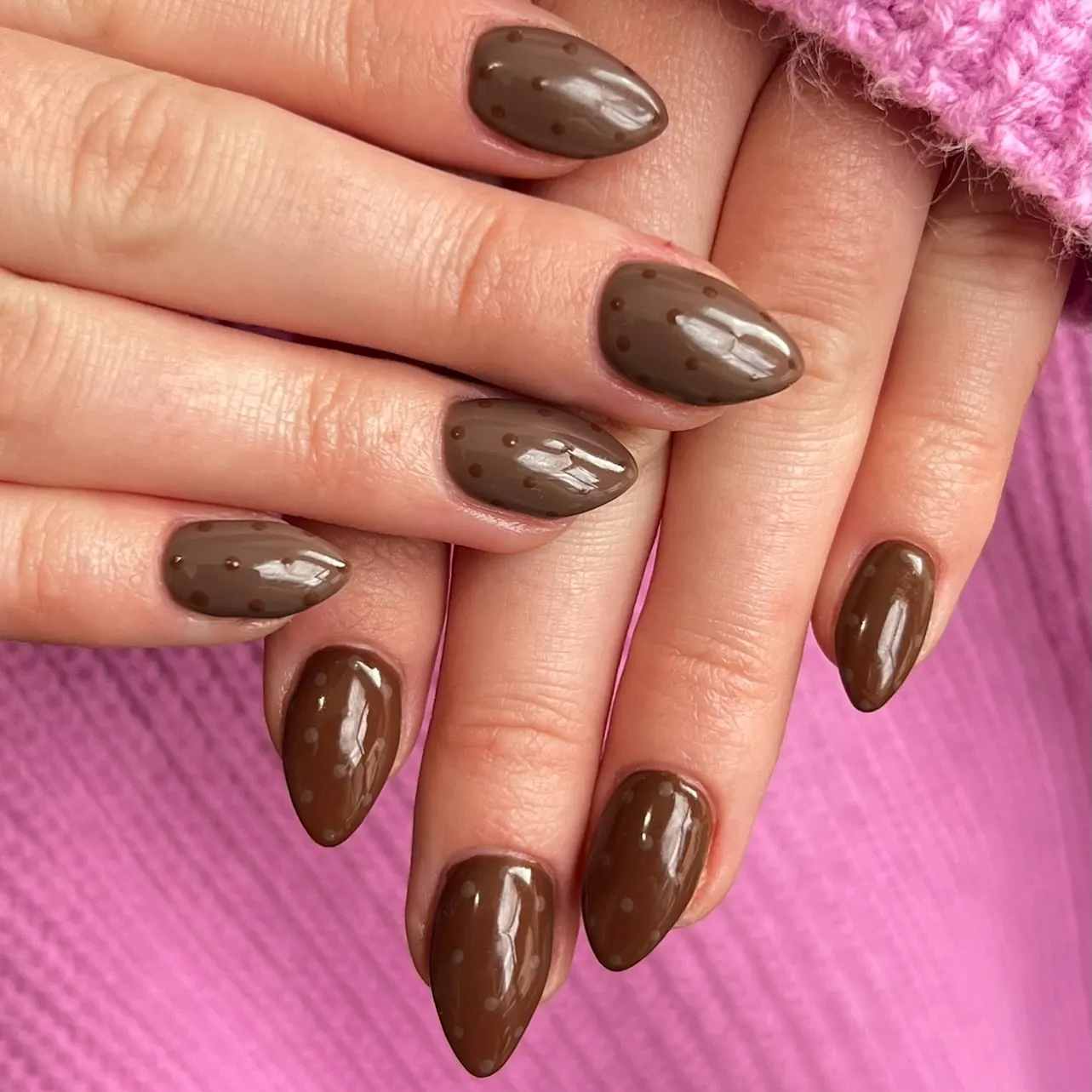 Glossy Chocolate Brown Almond Nails