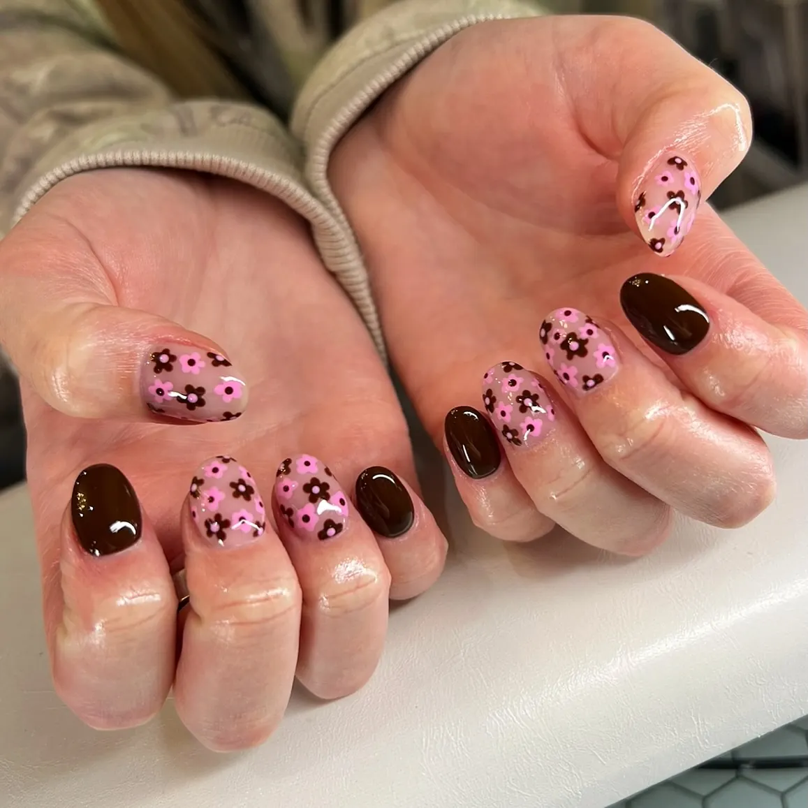 Pink Floral Nails with Chocolate Brown Accents