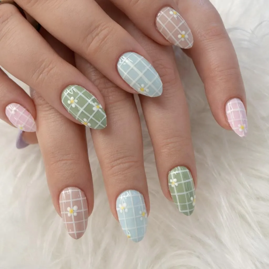 Pastel Plaid Nails in Green, Blue, Pink, and Cream