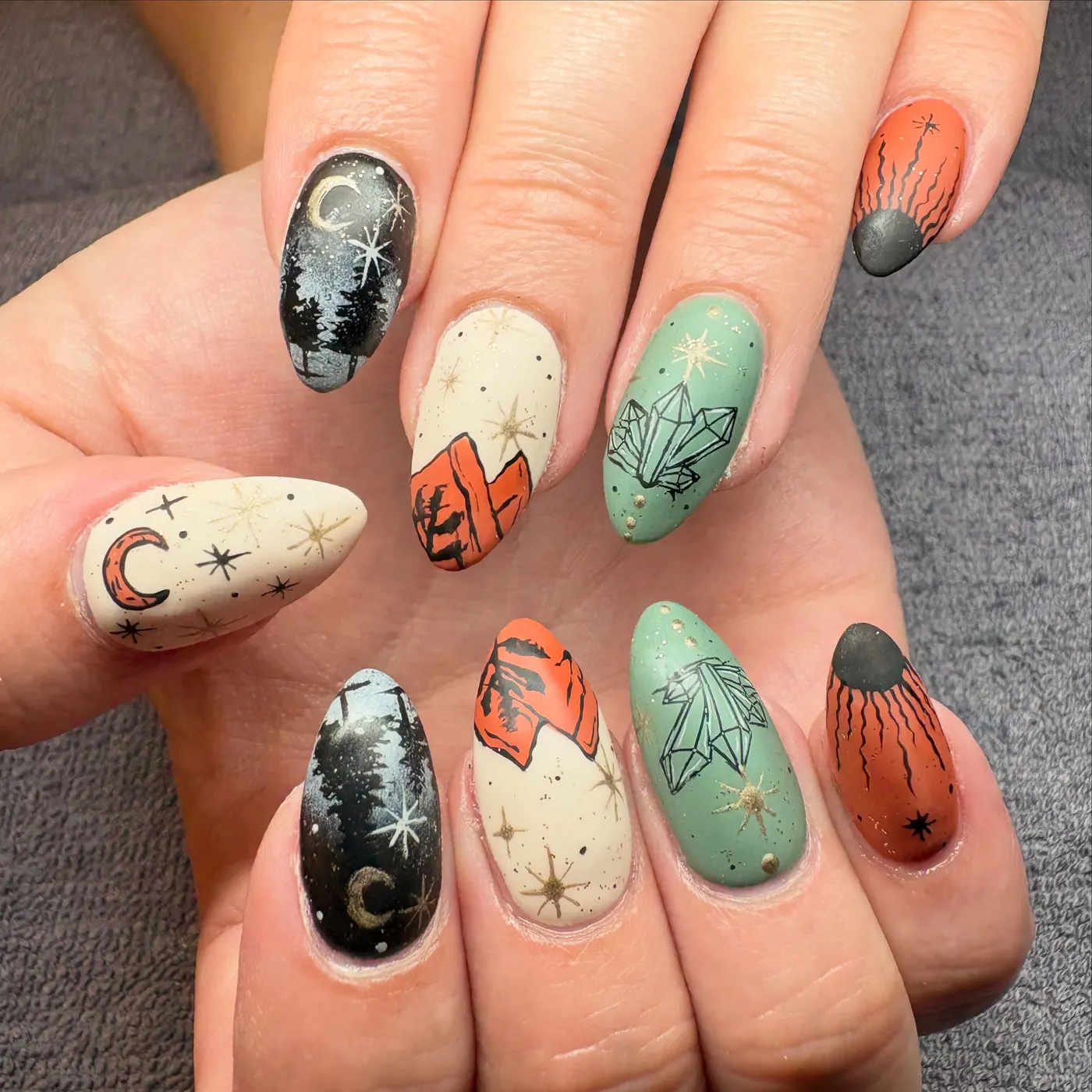 Autumn Mix with Black, Cream, Green, and Orange Nail Art