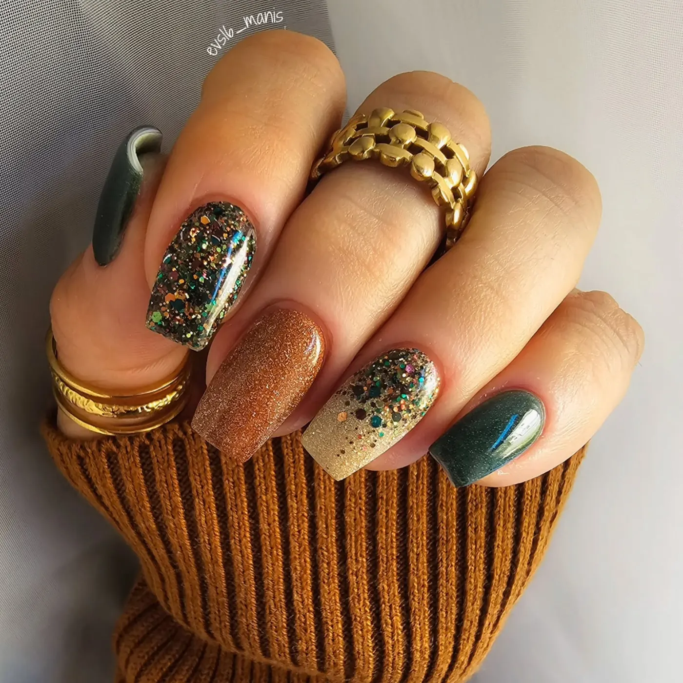 Brown and Green Glitter Nails with Deep Teal Accents