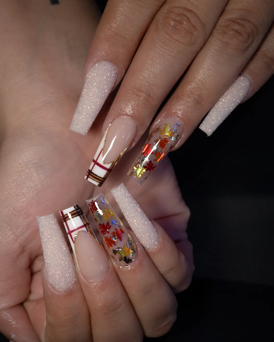 White Nails with Brown, Red, and Gold Accents