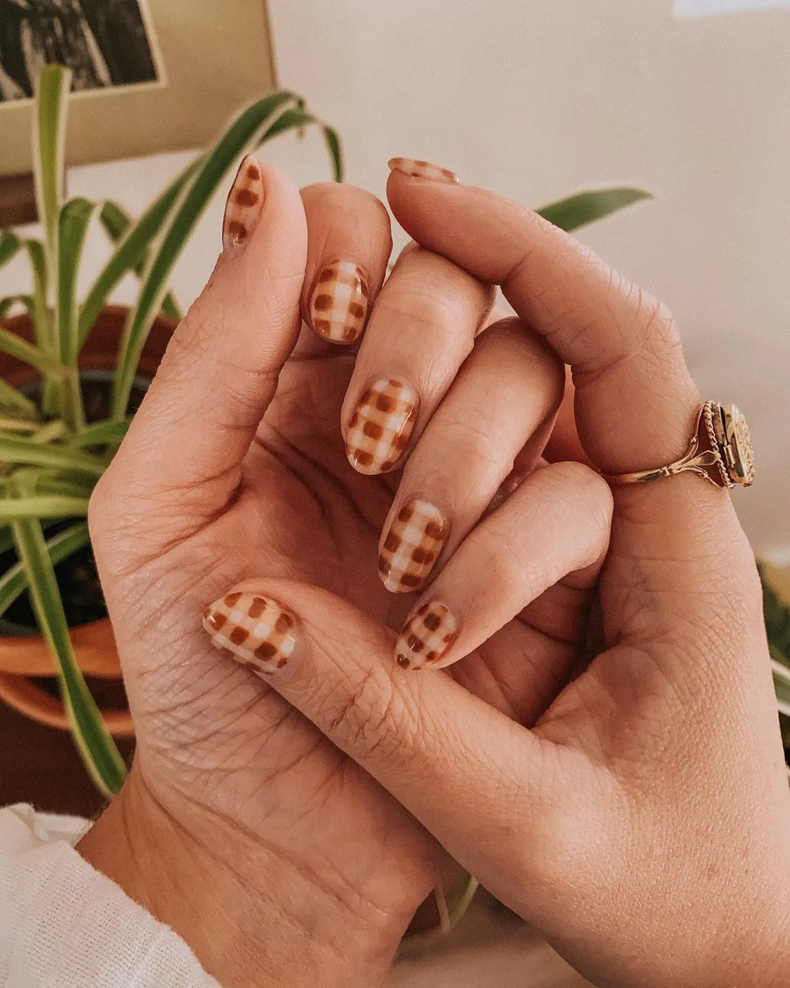 Neutral Plaid Nails in Warm Brown Tones