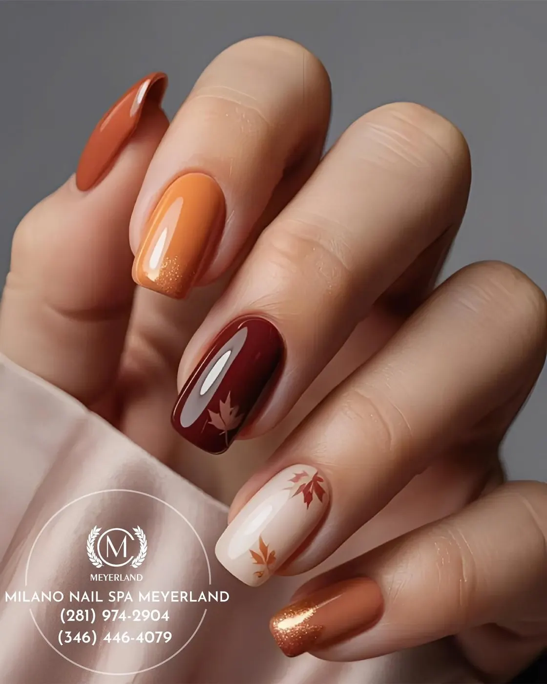 Glossy Orange and Deep Burgundy Almond Nails