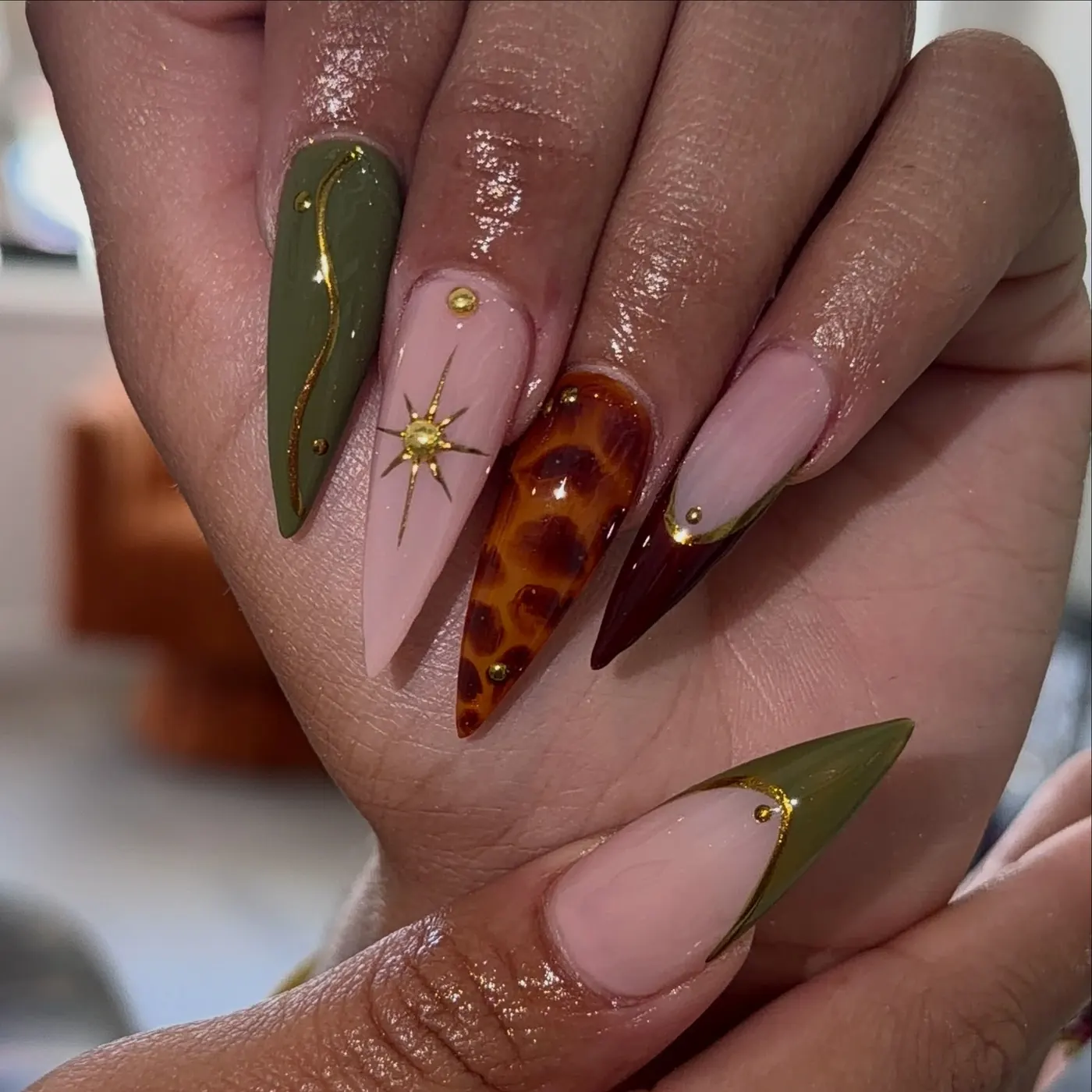 Olive, Pink, Brown, and Gold Mixed Nail Art