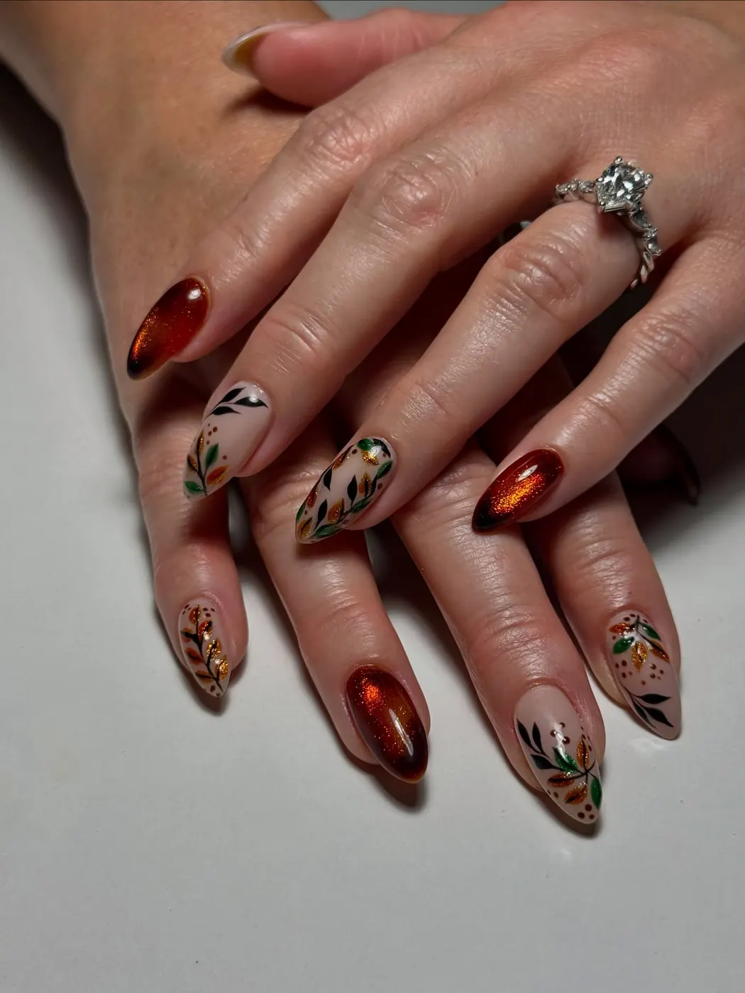 Brown, Rust, and Nude Nails with Leaf and Floral Details