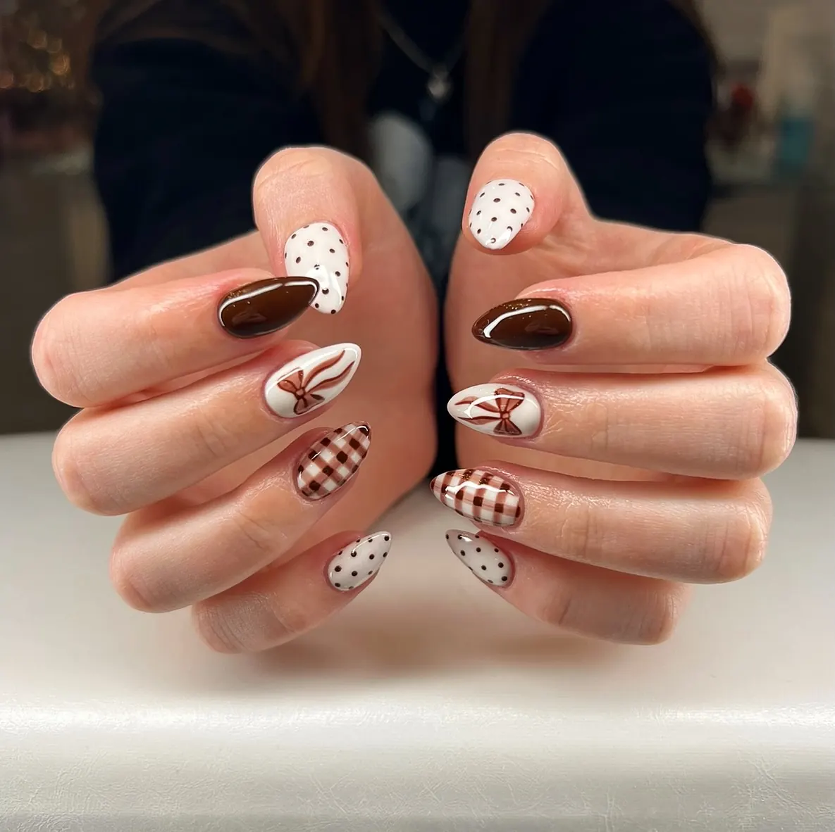 White and Brown Polka Dot Nails with Chocolate Brown Accents
