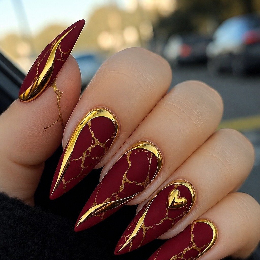 Burgundy Stiletto Nails with Gold Veining