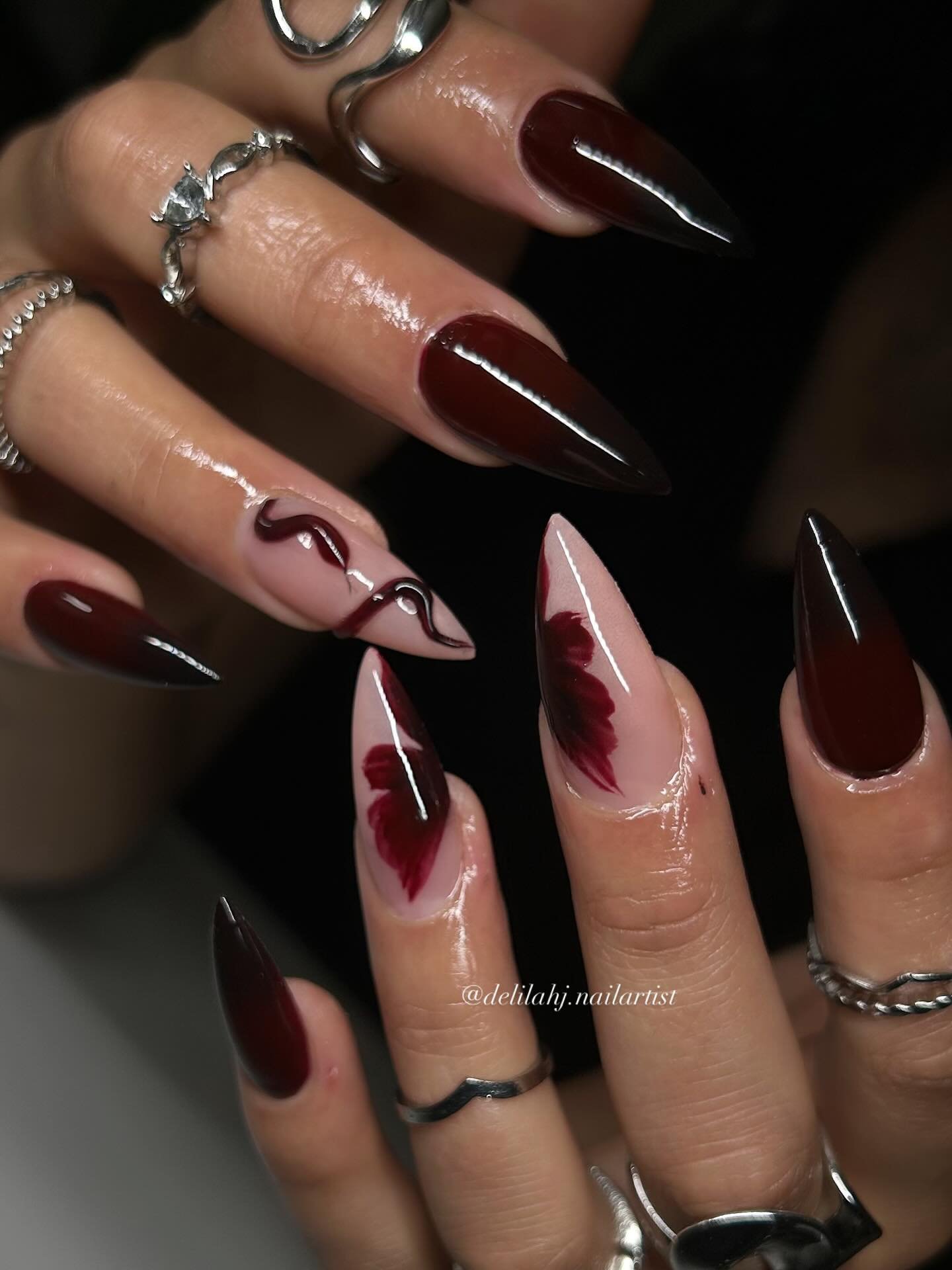 Deep Brown Stiletto Nails with Pink Abstract Accents