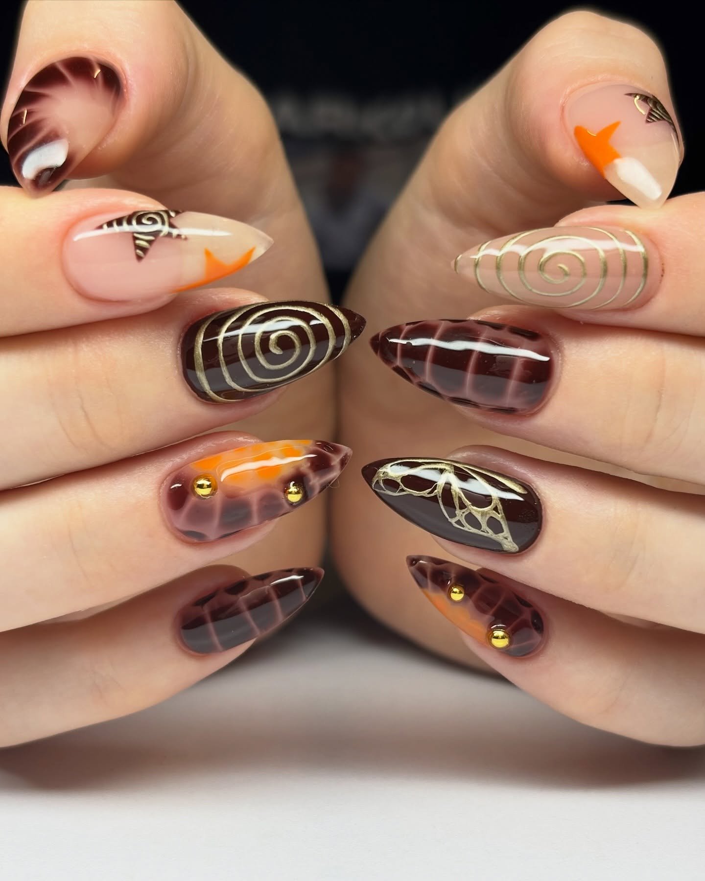 Mixed Neutral Stiletto Nails with Abstract Line Art