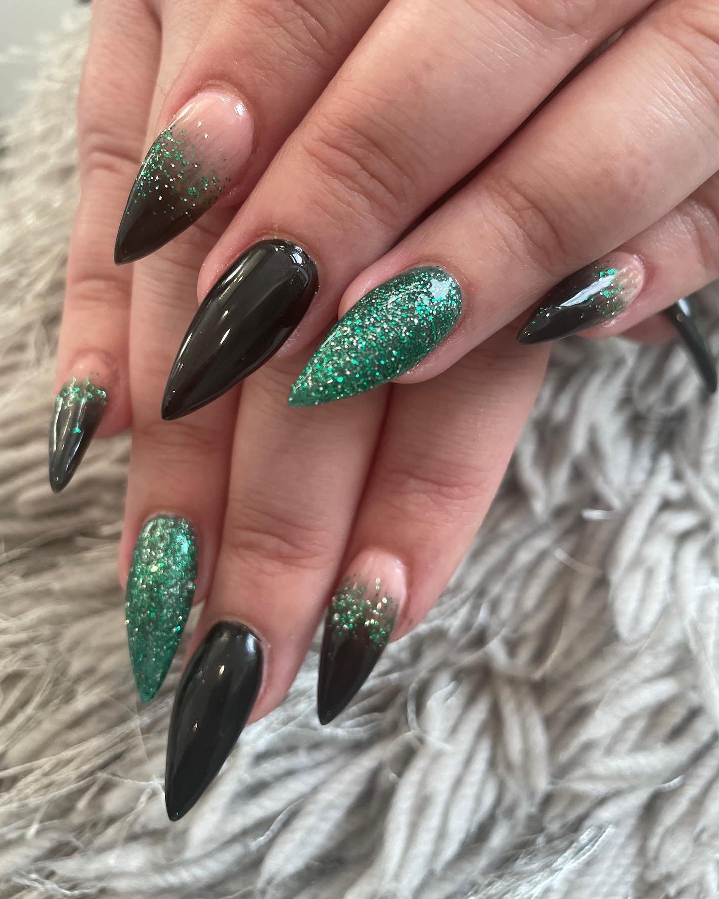 Black and Emerald Green Glitter Stiletto Nails