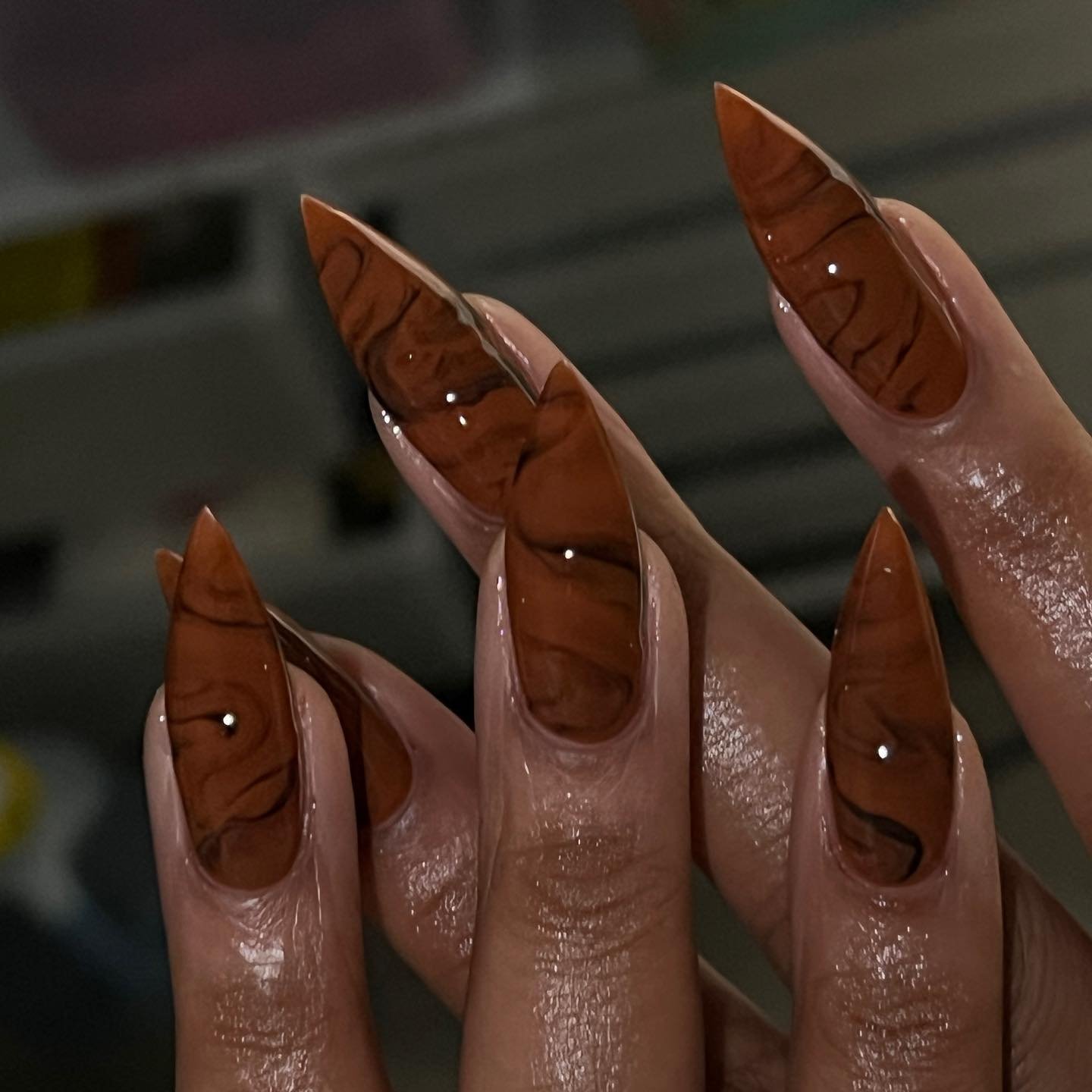 Brown Caramel Stiletto Nails with Fine Abstract Lines