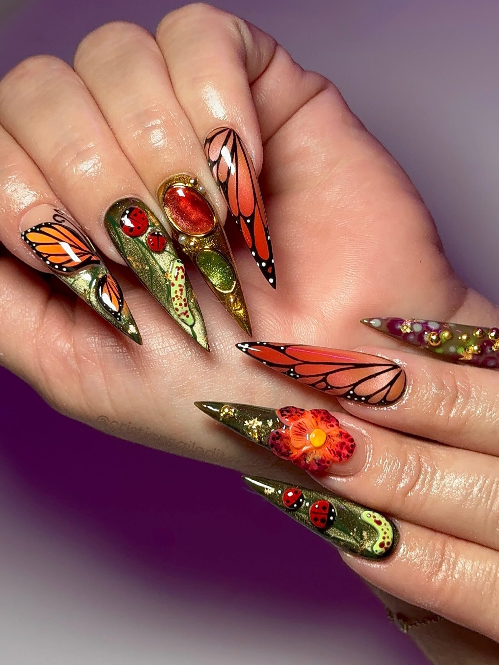 Green and Red Stiletto Nails with Autumn-Inspired Art