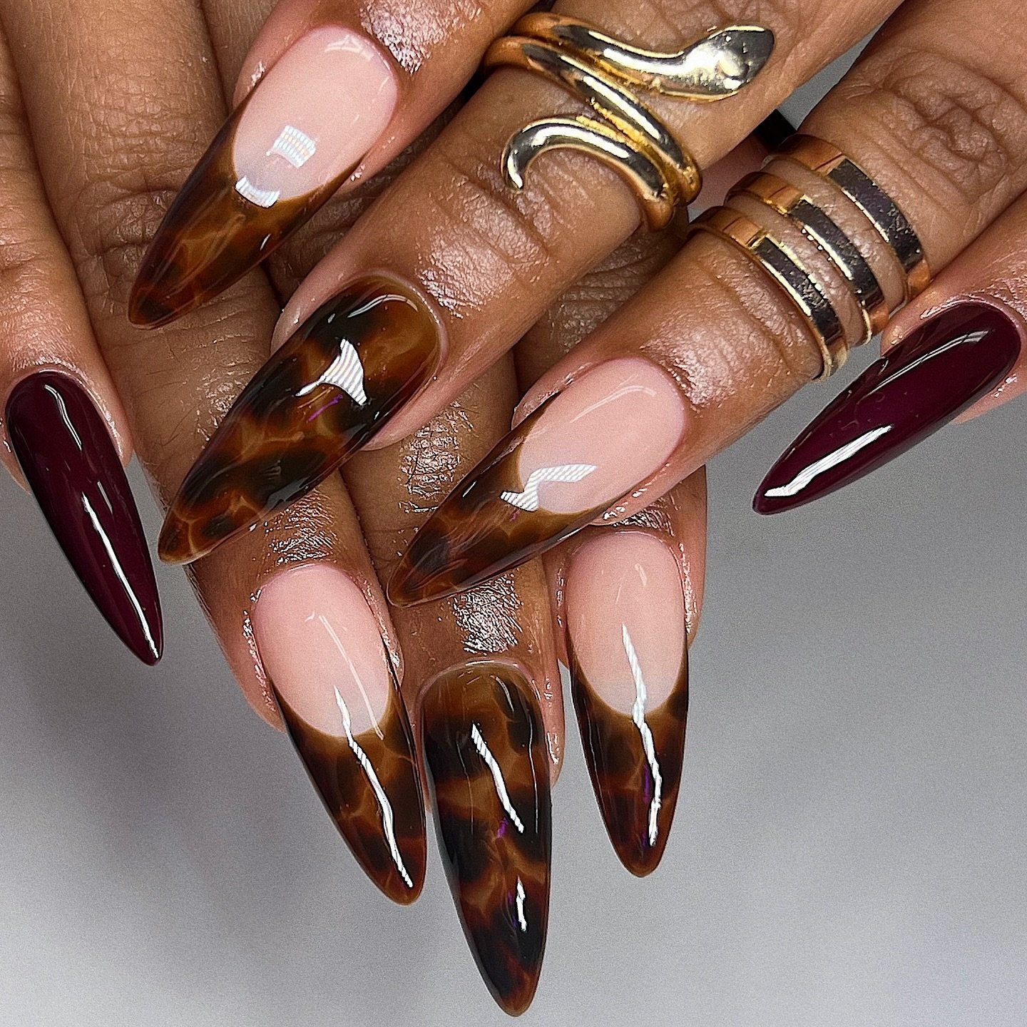 Brown and Burgundy Stiletto Nails with Tortoiseshell Details