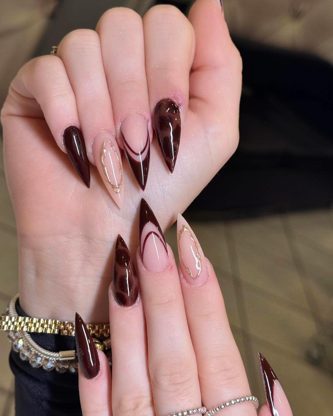 Brown and Nude Stiletto Nails with Abstract Tips