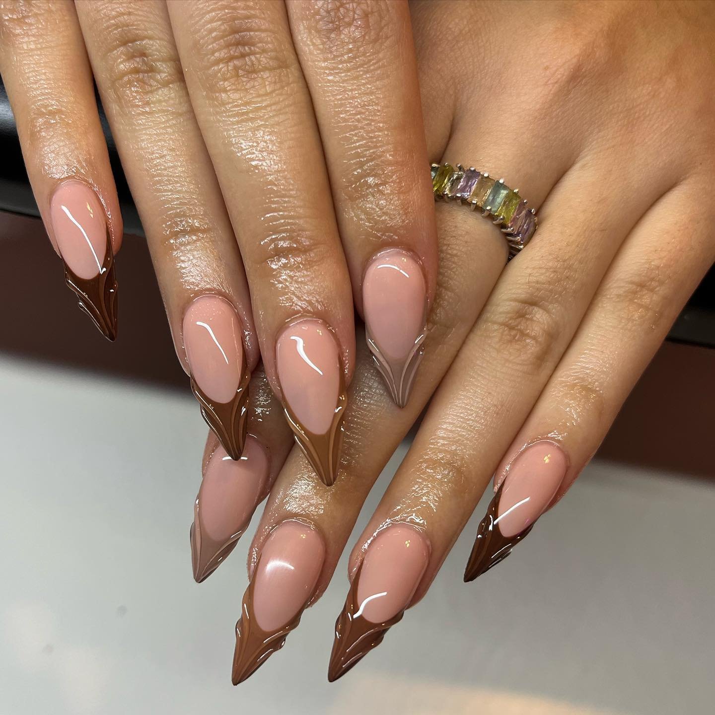 Nude Pink Stiletto Nails with Brown French Tips